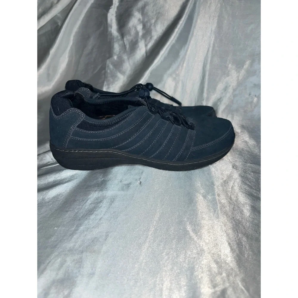 Aetrex Berries Women‎ 8.5 Navy Leather Bungee Slip On Sneakers Slip Resistant